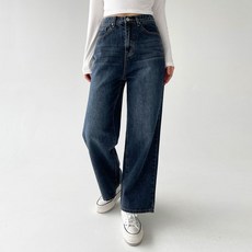 Planday 女款內鬆緊帶無彈性高腰寬版牛仔褲 短版