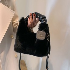 Elsso 女士柔軟毛絨手提斜背帶兩用包, 黑色