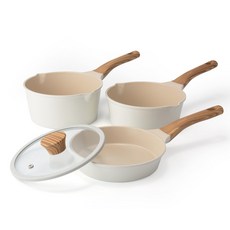 OCOO 奧庫 陶瓷塗層木質單柄鍋具 4入組, 淺灰色, 單柄湯鍋18cm+單柄淺湯鍋18cm+單柄平底鍋18cm+玻璃鍋蓋18cm