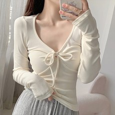 구디프 여성용 타이트 딥브이넥 리본 포인트 긴팔 티셔츠