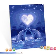iLovePainting DIY 數字油畫 40x50cm, 1幅, 月亮下的海豚愛心款