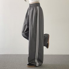 WITH HUILIN 女款 閃亮 防風沙沙感 雙線條 寬版 鬆緊帶 長褲