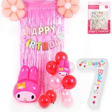 PARTYSHOW 生日派對角色美樂蒂氣球 + 數字氣球7套組, 金屬粉(銀箔流蘇簾), 白色(數字氣球), 1套