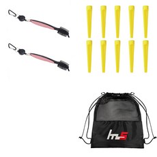 NAYASTYLE 高爾夫球桿頭清潔器 2入 + 塑膠高爾夫長球釘 10入 + 收納袋套組 GFYP-10-7+185-3pU, 混合顏色(桿頭清潔器, 收納袋), 單一顏色(高爾夫球釘), 1套