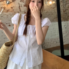 PEONIST 綁帶蝴蝶結泡泡袖短袖雪紡衫