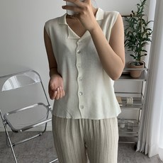 뜨개진 여성용 자개단추 옆트임 카라 슬리브리스 민소매 트레야 나시