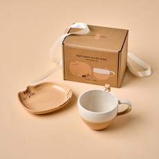 Modern House ON L 胖胖貓咪盤子組, 1套, 點心盤 + 馬克杯, 棕色貓