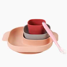 吸附式矽膠碗盤餐具組 4入, 藕粉色, 盤子+碗+杯子+湯匙