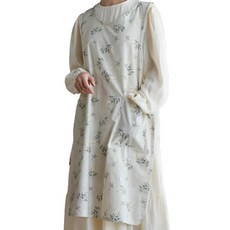 亞麻側邊開衩長版圍裙, 1個, 花的