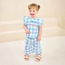 milkmile 女童兔子亮藍格紋荷葉邊上下裝套組