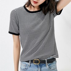 솔레일 여성용 아이스 니트 스트라이프 반팔 티셔츠