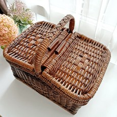 藤木風格焦糖色藤編野餐籃 J082, 1個, 棕色