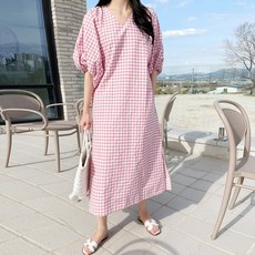 마이시즌 여성용 통기성 레나 린넨 체크 원피스