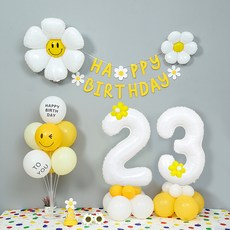 파티랑 데이지 두자리 숫자 풍선 23 + 가랜드 + 생일 풍선 장식 세트, 화이트 숫자대23, 1세트