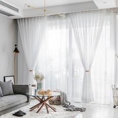 Sarah Haus 亞麻風格蝴蝶褶高度可調窗簾, 白色