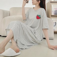 CocoDream 女款長版寬鬆條紋連身裙家居服