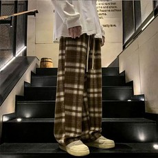男士時尚潮流法蘭絨格紋寬褲