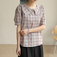 BBAEBBAE 女款荷葉領格紋拼色泡泡袖短袖襯衫