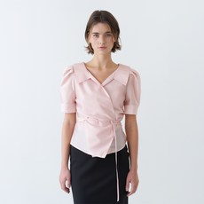 vem.ver PUFF SLEEVE GLOSSY COLLAR WRAP BLOUSE