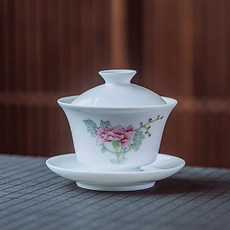 京德珍天白牡丹蓋碗, 白色+粉色+綠色, 1個