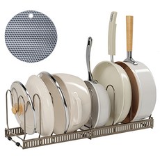 MDYooMarket 可調節長度平底鍋收納架 + 鍋墊組合, 7層, 棕色, 1套