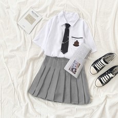 女款派對女王短袖襯衫+灰色百褶裙+領帶校服服裝套裝