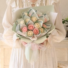 Scent Basket 零用錢香皂花 現金花束 LED燈飾 15朵組, 奶油粉, 1個