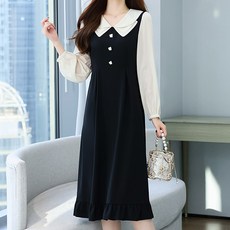 LUNAGIRL 大翻領長袖連身裙, 黑色