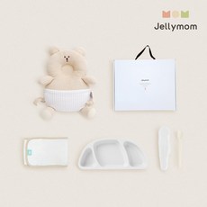 jellymom 新生兒禮盒 護頭防摔背帶枕+矽膠托盤+輔食湯匙+包巾組, 小熊燕麥片(保護套)、白色(盤)、奶油米色(湯匙), 1組