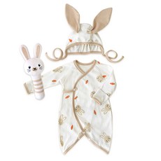 ikii IKI 幼兒柔軟棉質網眼蝴蝶結連身衣套裝 + 撥浪鼓娃娃長袖