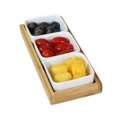 Corak Korea方形分裝盤 3個+3格木質托盤, 白色（盤子）, 1套