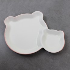 Dalsogum 陶瓷 陶瓷 可愛 小熊 餐盤, 1個, 白色 + 紅色