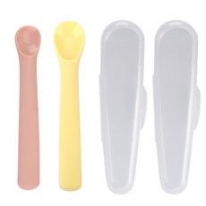 Dailylike Bonbon 幼兒矽膠湯匙組 湯匙*2支+收納盒*2個, 草莓粉+檸檬黃, 1組