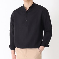 Jiji Black 男性透氣 Seed 亨利領涼感亞麻襯衫