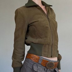 ViVEMO 女款復古高領燈芯絨拉鍊飛行夾克 11175