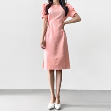 잘빠진 여성용 퍼프 소매 린넨 미디 원피스