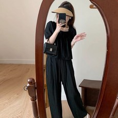 엘쏘 여성용 캐주얼 하원 데이트룩 반팔 + 와이드팬츠 세트