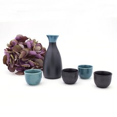 月鹽 韓國製 陶瓷 花苞 黑孔雀 德利杯組, 1套, 酒瓶 + 酒杯 4入