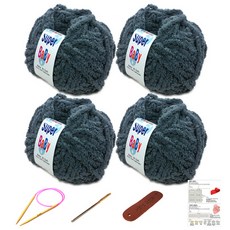 행복뜨기 슈퍼베이비 뜨개실 4p + 바늘 6mm + 돗바늘 + 가죽 라벨 + 목도리 도안 세트, 1세트, 진회색