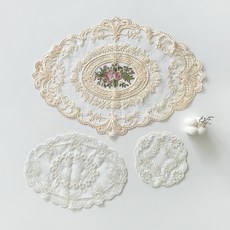 復古蕾絲棉紗桌墊 3入, 象牙色（刺繡），米色（迷你，橢圓形）