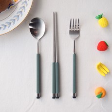 Bogen 孩童雙色金屬湯匙+筷子+叉子, 銀色 橄欖綠, 湯匙+筷子+叉子, 1組