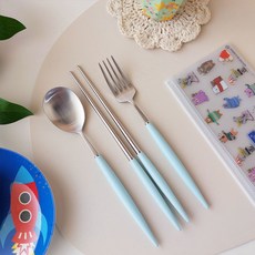 Bogen 孩童素色餐具組, 天藍色, 湯匙+筷子+叉子