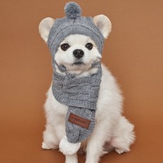 DOG-i 狗狗針織毛球帽+圍巾組, 灰色