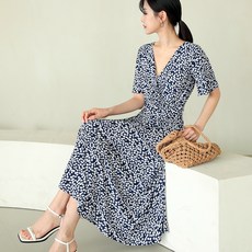 fromco 女款夏季涼爽碎花長版裹身連身裙 FRC191, 海軍藍