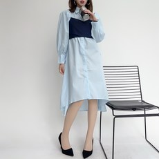 더시럽 여성용 통기성 페이크 뷔스티에 롱 퍼프 원피스