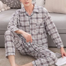 Eoripeul 男士舒適格紋長袖上下睡衣套裝