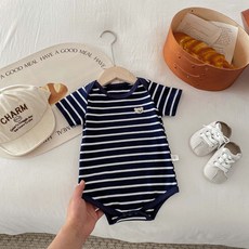 STARDOOR 嬰幼兒小熊貼布條紋短袖連身衣