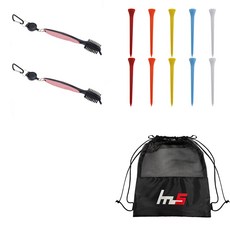 NAYASTYLE 高爾夫球桿頭清潔刷 2入 + 塑膠高爾夫長球釘 10入 + 收納袋組合 GFYP-10-7+167-4PU, 粉紅色(清潔刷), 隨機出貨(球釘), 1套