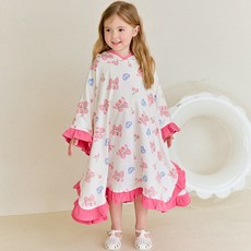 hejmini 女童款蝴蝶結櫻桃荷葉邊連帽沙灘長袍