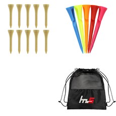 NAYASTYLE 木製高爾夫短球釘 10入 + 塑膠高爾夫超長球釘 5入 + 收納袋組合 GFYP-182-1+175-3PU, 混色